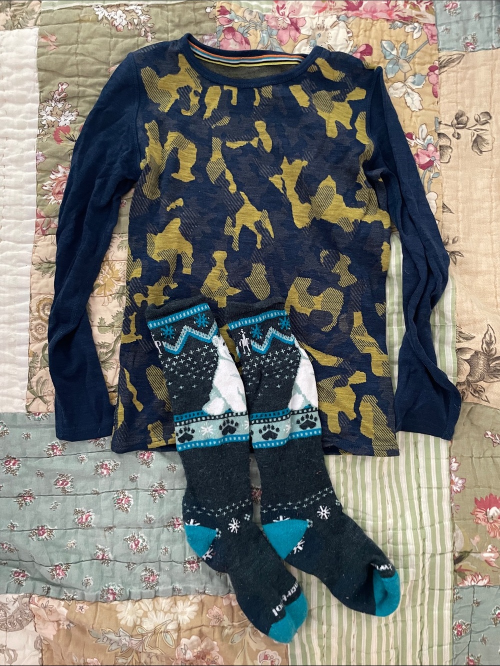 Smartwool Navy and Yellow, Kids Long-Sleeve Wool Top with Wool Socks
